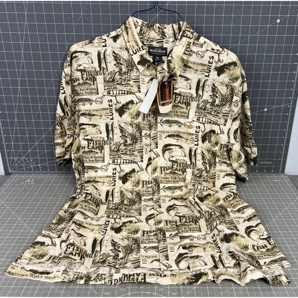 Men’s Woolrich Short Sleeve Shirt Fishing Print Beige Size L NWT NOS - Picture 1 of 7